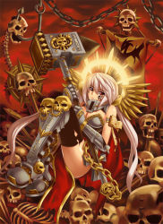 Rule 34 | 1girl, armor, banner, book, boots, breasts, chain, cross, gold, halo, hammer, hook, kaizeru, large breasts, living saint, long hair, pink hair, red eyes, skeleton, skull, solo, spine, tattoo, thighhighs, very long hair, war hammer, warhammer, warhammer 40k, weapon, wings