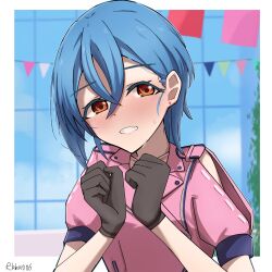 1girl artist_name black_gloves blue_hair blush border clenched_hands clothing_cutout collarbone commentary_request dress gloves hair_between_eyes hands_up highres looking_at_viewer love_live! love_live!_superstar!! orange_eyes outside_border pink_dress rikka006 short_hair shoulder_cutout smile solo sweat upper_body wakana_shiki we_will!!_(love_live!) white_border