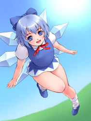 Rule 34 | 1girl, :d, blue eyes, blue hair, bow, cirno, dress, full body, hair bow, matching hair/eyes, open mouth, short hair, smile, socks, solo, thighs, touhou, tripleeight, white socks, wings