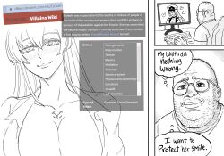 Rule 34 | 1boy, 1girl, absurdres, akame ga kill!, bb (baalbuddy), blush, breasts, cleavage, collarbone, colored eyelashes, comic, english text, esdeath, facial hair, glasses, greyscale, highres, internet, keypad, large breasts, long hair, monitor, monochrome, original, simple background, smile, stubble, tattoo, thought bubble, white background