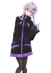 Rule 34 | 1girl, absurdres, ahoge, black jacket, black pantyhose, blush, closed mouth, commentary, drawstring, feet out of frame, glasses, hair between eyes, hair ornament, hand in pocket, hand up, head tilt, highres, jacket, knees together feet apart, long hair, long sleeves, pantyhose, purple-framed eyewear, purple eyes, purple hair, semi-rimless eyewear, simple background, sleeves past wrists, solo, under-rim eyewear, vocaloid, voiceroid, white background, wide sleeves, yuzuki yukari, zooanime