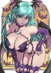 1girl bare_shoulders bat_(animal) bat_wings bent_over black_nails black_wings breasts cameltoe cleavage collarbone cowboy_shot cross cross_earrings darkstalkers earrings elbow_gloves fingerless_gloves fingernails framed_breasts gloves greek_cross green_eyes green_hair halloween hand_on_own_thigh head_wings jewelry large_breasts long_hair looking_at_viewer micro_panties morrigan_aensland nail_polish open_mouth panties purple_gloves purple_panties purple_thighhighs redjet revealing_clothes smile solo standing thighhighs underwear watermark web_address wings