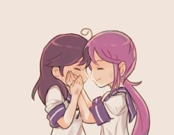 Rule 34 | 2girls, ahoge, akebono (kancolle), brown hair, comic, commentary, closed eyes, hand on another&#039;s hand, hands on another&#039;s face, kantai collection, kiss day, long hair, multiple girls, noses touching, purple hair, saiguchi otoufu, sailor collar, sailor shirt, shirt, short sleeves, side ponytail, sidelocks, smile, upper body, ushio (kancolle)