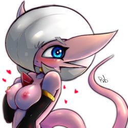 Rule 34 | 1girl, absurdres, artist name, averting eyes, black gloves, blue eyes, blush, breasts, choker, collarbone, colored skin, creatures (company), dragon ball, dragonball z, elbow gloves, embarrassed, female focus, fir3born, fusion, game freak, gardevoir, gen 3 pokemon, gloves, grey hair, hand up, heart, highres, large breasts, looking to the side, majin buu, nintendo, nipples, nose blush, nude, open mouth, pink skin, pokemon, pokemon (creature), shiny skin, short hair, shy, signature, simple background, solo, tail, teeth, upper body, white background, yellow choker