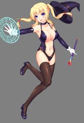Rule 34 | blonde hair, blue eyes, breasts, brown thighhighs, cleavage, elbow gloves, enu naitsu, full body, gloves, grey background, hat, leotard, magic circle, simple background, solo, thighhighs, twintails, unworn hat, unworn headwear, v-shaped eyebrows, witch, witch hat