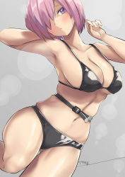 Rule 34 | 1girl, absurdres, armpits, arms up, artist name, bare arms, bare shoulders, belt, bikini, black bikini, blush, breasts, cleavage, closed mouth, collarbone, dutch angle, fate/grand order, fate (series), gluteal fold, grey background, head tilt, highres, large breasts, leg up, looking at viewer, mash kyrielight, navel, pink hair, purple eyes, skindentation, solo, standing, standing on one leg, stomach, swimsuit, thighs, tyone