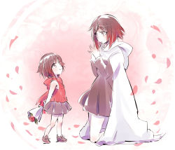 Rule 34 | 2girls, age difference, aged down, arms behind back, blush, bouquet, bow, brown hair, cape, child, cloak, closed mouth, facing another, flower, gift, gradient hair, grey eyes, hands together, hands up, happy, highres, holding, holding behind back, hood, hooded cloak, hoodie, iesupa, kneeling, looking at another, looking down, looking up, mature female, mother&#039;s day, mother and daughter, multicolored hair, multiple girls, parted lips, petals, red hair, red ribbon, red shirt, ribbon, rose, ruby rose, rwby, shirt, shoes, short hair, sitting, size difference, skirt, sleeveless, sleeveless shirt, standing, steepled fingers, summer rose, two-tone hair, white cape, white cloak