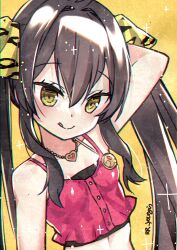 Rule 34 | 1girl, :q, absurdres, animal print, arm up, bare shoulders, black hair, camisole, crop top, hair between eyes, hair ribbon, heart, heart necklace, highres, idolmaster, idolmaster cinderella girls, idolmaster cinderella girls u149, jewelry, jin young-in, leopard print, long hair, looking at viewer, matoba risa, necklace, print ribbon, ribbon, sidelocks, smile, solo, sparkle, tongue, tongue out, twintails, upper body, yellow background, yellow eyes
