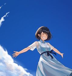 Rule 34 | 1girl, black hair, blue sky, breasts, closed eyes, dress, grin, highres, medium dress, original, outstretched arms, sash, see-through, see-through sleeves, short hair, short sleeves, sky, small breasts, smile, solo, summer, takimoto nao, white dress