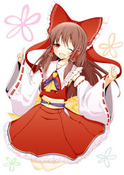Rule 34 | 1girl, aikawa ryou, bow, detached sleeves, dress, female focus, full body, hair bow, hakurei reimu, highres, japanese clothes, jumping, midriff, miko, red dress, red eyes, smile, solo, touhou, white background, wink
