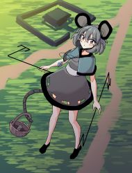 Rule 34 | 1girl, :/, absurdres, animal ears, basket, bigscaryartist1, blue capelet, blush, capelet, dowsing rod, dress, floating, from above, full body, fur trim, grey dress, grey hair, hair between eyes, highres, holding, jewelry, looking at viewer, mouse (animal), mouse ears, mouse tail, nazrin, orange eyes, pendant, prehensile tail, self-upload, short hair, short sleeves, solo, tail, touhou