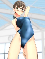 Rule 34 | 1girl, absurdres, black-framed eyewear, black hair, blue one-piece swimsuit, blunt bangs, cameltoe, clock, commentary request, competition swimsuit, cowboy shot, from below, glasses, gluteal fold, green eyes, highres, indoors, long hair, looking at viewer, low ponytail, one-piece swimsuit, original, solo, speedo (company), swimsuit, takafumi, window