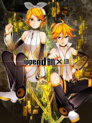 Rule 34 | 1boy, 1girl, aqua eyes, arm warmers, bad id, bad pixiv id, blonde hair, brother and sister, detached sleeves, hair ornament, hair ribbon, hairclip, headphones, highres, kagamine len, kagamine len (append), kagamine rin, kagamine rin (append), kurono kito, leg warmers, navel, ribbon, short hair, shorts, siblings, twins, vocaloid, vocaloid append