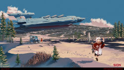Rule 34 | 2girls, aircraft, airplane, blue eyes, blue sky, capelet, child, cloud, dress, flying, footprints, highres, holding, motor vehicle, multiple girls, original, outdoors, red capelet, running, sand, scarf, scenery, science fiction, short hair, sion005, sky, tree, vehicle focus, white dress, white hair