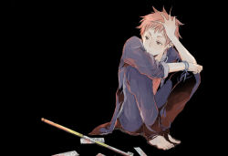 Rule 34 | 1boy, ao no exorcist, barefoot, brown eyes, brown hair, feet, full body, hand on head, male focus, pink eyes, pink hair, shima renzou, sitting, solo, squatting, staff