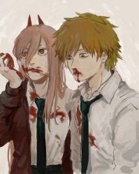 Rule 34 | 1boy, 1girl, black necktie, black pants, blonde hair, blood, blood on clothes, blood on face, blood on hands, brown hair, chainsaw man, collared shirt, cross-shaped pupils, denji (chainsaw man), excessive nosebleed, hair between eyes, horns, long hair, looking to the side, necktie, nosebleed, off shoulder, pants, power (chainsaw man), pt sasa12, red horns, shirt, shirt tucked in, short hair, simple background, symbol-shaped pupils, white background, white shirt, wiping blood, yellow eyes