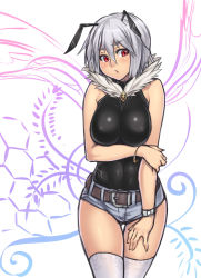 Rule 34 | 1girl, antennae, arm support, arthropod girl, bare shoulders, bee girl, belt, blush, breasts, covered erect nipples, curvy, fur trim, highres, holding own arm, houtengeki, impossible clothes, impossible shirt, insect girl, large breasts, legs, monster girl, original, personification, red eyes, shirt, short hair, short shorts, shorts, silver hair, sketch, skin tight, sleeveless, solo, thigh gap, thighhighs, watch, white thighhighs