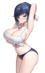Rule 34 | 1girl, absurdres, arm behind head, arm under breasts, arm up, armpits, blue eyes, blue hair, blue panties, blunt bangs, blush, bracelet, breast hold, breasts, camisole, choker, cleavage, closed mouth, cowboy shot, diagonal bangs, dice, embarrassed, genshin impact, green eyes, highres, jag ging, jewelry, large breasts, looking at viewer, mole, mole on breast, navel, necklace, panties, short hair, simple background, smile, solo, stomach, sweat, tassel, underwear, white background, white choker, yelan (genshin impact)