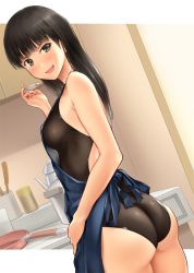 Rule 34 | 1girl, amagami, apron, ass, ayatsuji tsukasa, bare arms, bare shoulders, black eyes, black hair, black one-piece swimsuit, blush, breasts, commentary request, cooking, cowboy shot, indoors, long hair, looking at viewer, medium breasts, one-piece swimsuit, open mouth, serizawa (serizawaroom), smile, solo, sweatdrop, swimsuit, swimsuit under clothes, wedgie