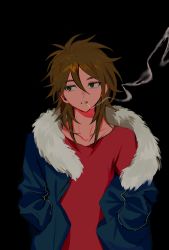 Rule 34 | 1boy, black background, blue jacket, brown hair, chinese commentary, cigarette, commentary request, fur trim, green eyes, hands in pockets, highres, isoi reiji, jacket, long sleeves, male focus, matsuebi, medium hair, open clothes, open jacket, red shirt, saibou shinkyoku, shirt, simple background, smoke, smoking, solo, upper body