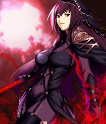 Rule 34 | 1girl, armor, bodysuit, breasts, commentary, covered navel, english commentary, fate/grand order, fate (series), gae bolg (fate), hair between eyes, hair intakes, holding, holding weapon, kouichi09, large breasts, long hair, looking at viewer, pauldrons, polearm, purple bodysuit, purple hair, red eyes, scathach (fate), shoulder armor, solo, spear, veil, weapon
