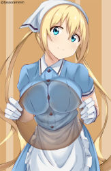 Rule 34 | 1girl, against glass, apron, bad id, bad pixiv id, blend s, blonde hair, blue eyes, blue shirt, blue skirt, breast press, brown background, closed mouth, frilled apron, frills, gloves, hair between eyes, head scarf, head tilt, hinata kaho, holding, holding tray, long hair, looking at viewer, shirt, short sleeves, sidelocks, simple background, skirt, smile, solo, tasora, tray, twintails, twitter username, uniform, very long hair, waist apron, waitress, white apron, white gloves, x-ray