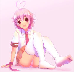 Rule 34 | 1girl, aino heart, arcana heart, arm support, breasts, feet, highres, legs, looking at viewer, necktie, open mouth, panties, pantyshot, pink eyes, pink hair, ribbon, school uniform, sitting, skirt, small breasts, smile, solo, thighhighs, thighs, underwear