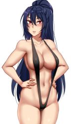 Rule 34 | 1girl, bare shoulders, black one-piece swimsuit, blue hair, blush, breasts, cleavage, collarbone, commentary, cowboy shot, english commentary, hair between eyes, hands on own hips, jin sahyuk, large breasts, long hair, looking at viewer, navel, one-piece swimsuit, ponytail, red eyes, simple background, slingshot swimsuit, solo, swimsuit, the novels extra, twrlare, v-shaped eyebrows, very long hair, white background