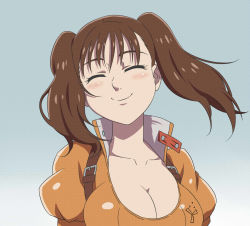 Rule 34 | 10s, 1girl, ^ ^, blush, breasts, brown hair, buckle, cleavage, closed eyes, collarbone, diane (nanatsu no taizai), female focus, highres, large breasts, long hair, nanatsu no taizai, pitecube, portrait, puffy sleeves, shiny clothes, short sleeves, smile, solo, twintails