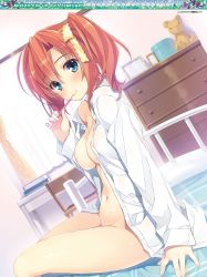 Rule 34 | 1girl, absurdres, areola slip, artist name, bed, blouse, blue eyes, blush, book, bottomless, box, breasts, brown hair, brushing teeth, cabinet, chair, cleavage, covered erect nipples, curtains, dengeki moeou, drawer, dress shirt, dutch angle, from side, groin, hair ribbon, highres, indoors, large breasts, long sleeves, looking at viewer, naked shirt, navel, no bra, no panties, off shoulder, open clothes, open shirt, original, photo (object), ribbon, shelf, shirt, sitting, smile, solo, stuffed animal, stuffed toy, table, teddy bear, toothbrush, twintails, white shirt, window, yuuki hagure