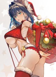 Rule 34 | 1girl, absurdres, ass, bare shoulders, blue eyes, blue hair, blush, breasts, christmas, fang, hair intakes, hat, highres, hololive, hololive english, large breasts, looking at viewer, medium hair, meme attire, open mouth, ouro kronii, santa hat, santafe99, short hair, solo, thighs, virgin destroyer sweater, virtual youtuber, white background