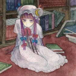 Rule 34 | 1girl, :/, book, bookshelf, carpet, crescent, crescent hat ornament, dress, hat, hat ornament, kz m i, library, long hair, looking at viewer, mob cap, on floor, painting (medium), patchouli knowledge, purple eyes, purple hair, sitting, solo, touhou, traditional media, watercolor (medium)