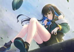Rule 34 | 1girl, bare shoulders, beret, black footwear, black hair, black shorts, blue hair, blue sky, bracelet, breasts, buttons, colored inner hair, double-breasted, eyeliner, fate/grand order, fate (series), green hat, green jacket, grey eyes, hat, highres, jacket, jewelry, long hair, long sleeves, looking at viewer, makeup, multicolored hair, neck ring, o-ring, off shoulder, okina (805197), round eyewear, shoes, shorts, sidelocks, sitting, sky, small breasts, sneakers, solo, sunglasses, tenochtitlan (fate), tenochtitlan (second ascension) (fate), wavy hair, zipper