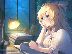 Rule 34 | 1girl, akai haato, blonde hair, blue eyes, blush, book, breasts, commentary request, desk, desk lamp, hair ornament, hand on own cheek, hand on own face, head rest, heart, heart hair ornament, highres, holding, holding pencil, hololive, indoors, lace, lace-trimmed shirt, lace trim, lamp, large breasts, long hair, long sleeves, looking away, magowasabi, medium breasts, night, one side up, open book, parted lips, pencil, shirt, sidelocks, signature, solo, studying, translation request, twitter username, virtual youtuber, white shirt, window