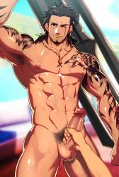 Rule 34 | 10s, 2boys, abs, bara, body hair, erection, facial hair, final fantasy, final fantasy xv, gladiolus amicitia, handjob, highres, lvlv, male focus, multiple boys, muscular, nipples, nude, pectorals, penis, penis grab, scar, solo focus, sweat, tattoo, testicles, uncensored, weapon