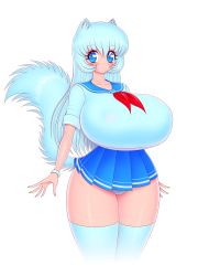 Rule 34 | 1girl, absurdres, akiranime, animal ears, aqua hair, blue eyes, blue sailor collar, blush, bracelet, breasts, bursting breasts, cleavage, clothes lift, collarbone, contrapposto, curvy, dot nose, eyebrows behind hair, eyebrows visible through hair, eyelashes, eyes visible through hair, feet out of frame, female focus, fingernails, head turn, highres, huge breasts, jewelry, legwear, long hair, long tail, looking at viewer, microskirt, miniskirt, neckerchief, neko-chan (akiranime), original, out of frame, panties, pantyshot, pleated skirt, red neckerchief, sailor collar, school uniform, serafuku, simple background, skirt, skirt lift, sleeves rolled up, solo, tail, thighhighs, underwear, very long hair, white background, white legwear, white panties