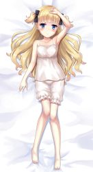 Rule 34 | 1girl, arm above head, bed sheet, black bow, blonde hair, bloomers, blue eyes, blush, bow, chemise, emilico (shadows house), feet, hair bow, highres, kuroniwa, legs, long hair, looking at viewer, lying, nightgown, on back, shadows house, solo, underwear, white bloomers, white nightgown