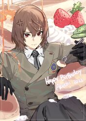 Rule 34 | 1boy, akechi gorou, anger vein, black gloves, black pants, brown hair, cezaria, closed mouth, collared shirt, commentary, food, fork, fruit, gloves, grey jacket, hair between eyes, happy birthday, highres, holding, holding fork, jacket, knees up, long sleeves, looking at viewer, male focus, necktie, pancake, pants, persona, persona 5, red eyes, shirt, short hair, sitting, solo, strawberry, syrup, whipped cream, white shirt