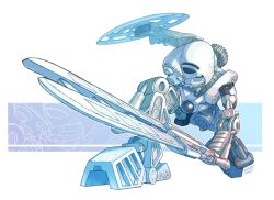 Rule 34 | 1boy, bionicle, blue eyes, eyepiece, gears, holding, holding shield, kanohi (bionicle), kopaka (bionicle), lego, lens, mask, no humans, robot, shield, sword, the lego group, tomycase, weapon, white mask
