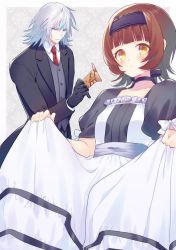 Rule 34 | 1boy, 1girl, aged down, alternate costume, blush, enmaided, formal, gloves, gundam, himeno345, jin (xenoblade), long hair, looking at viewer, lora (xenoblade), maid, mask, nintendo, red hair, short hair, simple background, suit, white hair, xenoblade chronicles (series), xenoblade chronicles 2, xenoblade chronicles 2: torna - the golden country, yellow eyes