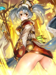 Rule 34 | 10s, 1girl, ass, blush, breasts, cowboy shot, cross, earrings, edobox, granblue fantasy, grey hair, hat, jewelry, large breasts, red eyes, short hair, short twintails, solo, sophia (granblue fantasy), staff, twintails