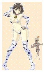 Rule 34 | 1boy, 1girl, absurdres, animal collar, animal ears, animal print, bell, bikini, blonde hair, blunt bangs, blush, breasts, brown eyes, brown hair, bulge, cameltoe, closed mouth, collar, commentary request, contrapposto, covered erect nipples, cow ears, cow horns, cow print, cow print bikini, cow print gloves, cow print thighhighs, cowbell, fake animal ears, fake horns, fishnet top, fishnets, frown, full body, gloves, hand hair, hand on own hip, highres, horns, looking at viewer, manager (inmu), manatsu no yo no inmu, medium bangs, medium breasts, no shoes, orange background, pigeon-toed, polka dot, polka dot background, print bikini, print gloves, print thighhighs, red collar, short hair, side-tie bikini bottom, standing, suisyu chouman chawan no kakera, sunglasses, swimsuit, takuya (acceed), thighhighs, white bikini, white gloves, white thighhighs