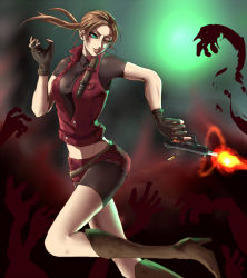 Rule 34 | 1girl, :d, ;d, belt, bike shorts, black gloves, blue eyes, blush, boots, breasts, brown footwear, brown hair, bullet, claire redfield, denim, fingerless gloves, fire, firing, gloves, green eyes, groin, gun, handgun, high heel boots, high heels, holster, knee boots, knife, lips, lipstick, long hair, makeup, one eye closed, open mouth, parted lips, ponytail, red vest, resident evil, resident evil 2, severed arm, severed limb, short hair, shorts, sideburns, smile, solo, solo focus, teeth, thighs, undead, vest, weapon, zombie