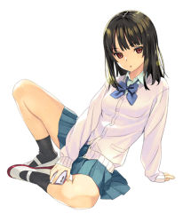 Rule 34 | 1girl, arm support, black hair, black socks, blue bow, blue shirt, blue skirt, bow, breasts, cardigan, cellphone, collared shirt, commentary request, full body, holding, holding phone, koutaro, long sleeves, looking at viewer, original, parted lips, phone, pleated skirt, red eyes, school uniform, shirt, shoes, simple background, skirt, sleeves past wrists, small breasts, socks, solo, uwabaki, white background, white cardigan, white footwear