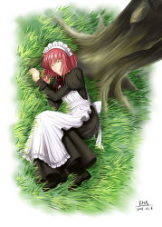 Rule 34 | 00s, 1girl, black pantyhose, bow, bowtie, dated, day, from above, full body, grass, highres, hisui (tsukihime), maid, melty blood, outdoors, pantyhose, red bow, red bowtie, rna (angel-smelter), shoes, short hair, sleeping, solo, tree, tsukihime, type-moon