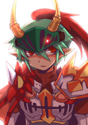 Rule 34 | 1boy, armor, breastplate, commentary request, emon-yu, green hair, hair between eyes, looking to the side, male focus, open mouth, plume, pointy ears, ragnarok online, red eyes, rune knight (ragnarok online), short hair, simple background, solo, upper body, visor (armor), white background
