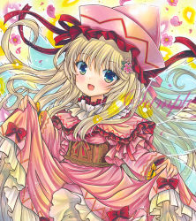 Rule 34 | 1girl, :d, blonde hair, blue eyes, brown corset, capelet, corset, cowboy shot, dress, fairy wings, floral background, flower, frilled dress, frilled hat, frills, hair between eyes, hair flower, hair ornament, hat, juliet sleeves, lily white, long hair, long sleeves, looking at viewer, marker (medium), open mouth, petals, pink capelet, pink dress, pink flower, pink hat, pink theme, puffy sleeves, red ribbon, ribbon, rui (sugar3), sample watermark, skirt hold, smile, solo, touhou, traditional media, very long hair, watermark, wings, yellow flower