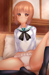 Rule 34 | 1girl, arms behind back, bed, black neckerchief, black socks, blouse, blush, brown eyes, brown hair, butterfly sitting, closed mouth, commentary, commission, crotch seam, frilled panties, frills, girls und panzer, highres, indoors, knee up, light frown, long sleeves, looking at viewer, neckerchief, nishizumi miho, no pants, on bed, ooarai school uniform, panties, pillow, pixiv commission, sailor collar, school uniform, serafuku, shirt, short hair, shounen (hogehoge), sitting, socks, solo, sweatdrop, underwear, white panties, white sailor collar