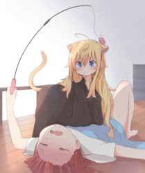 Rule 34 | 2girls, :/, ahoge, all fours, anglerfish, animal ears, barefoot, blanket, blush, cat ears, cat tail, cat teaser, closed eyes, closed mouth, collarbone, commentary request, fang, fish, furrowed brow, gabriel dropout, gabriel tenma white, gloom (expression), highres, holding, kemonomimi mode, long hair, lying, multiple girls, on back, on floor, open mouth, piyomi, red hair, satanichia kurumizawa mcdowell, shirt, short sleeves, sweat, tail, very long hair, white shirt, wooden floor