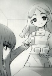 Rule 34 | 00s, 2girls, :d, apron, blunt bangs, closed mouth, cup, expressionless, greyscale, hair ornament, hairclip, holding, holding tray, indoors, ito noizi, kimidori emiri, kouyouen academy school uniform, long hair, long sleeves, looking at viewer, maid, maid apron, monochrome, multiple girls, novel illustration, official art, open mouth, outstretched arm, saucer, school uniform, smile, suou kuyou, suzumiya haruhi no yuuutsu, teacup, tray